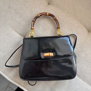 Susan Gail Vintage 1960s Black Patent Leather Bamboo Handle Purse